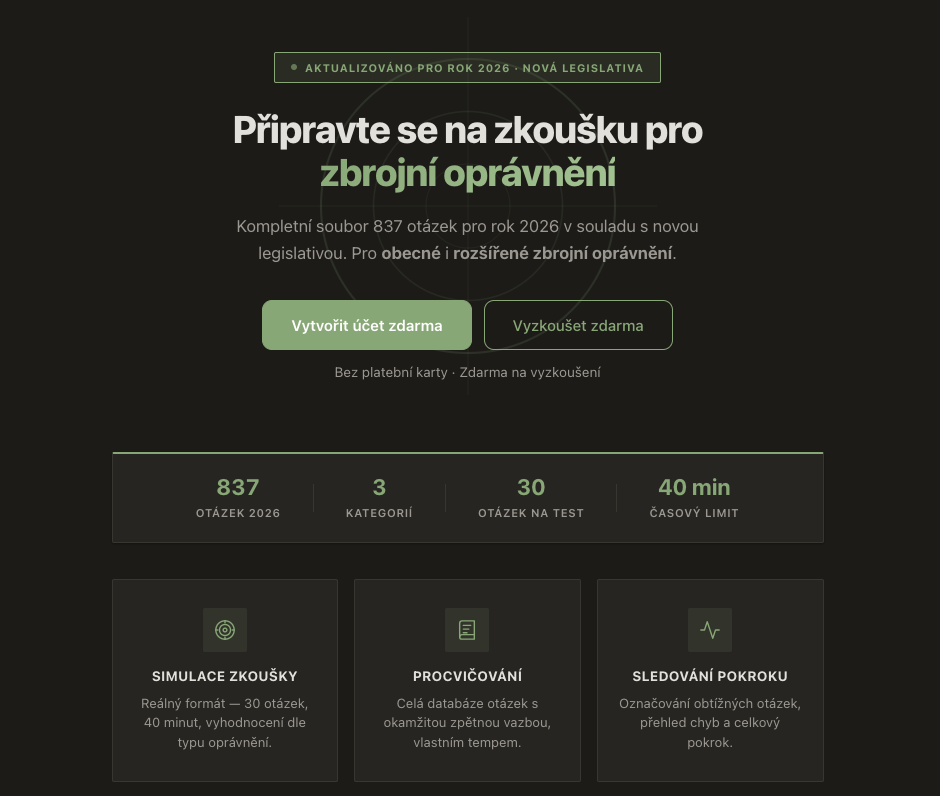 Screenshot of the ZbrojákTesty.cz platform showing the exam preparation interface