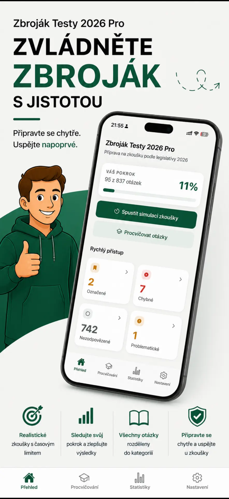 Zbroják Testy 2026 Pro mobile app preview showing the home dashboard and practice features